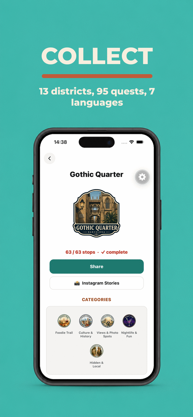 Collect — track quests and districts you've finished