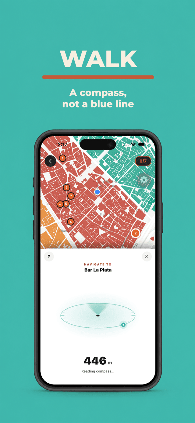 Walk — an in-app compass points to the next stop